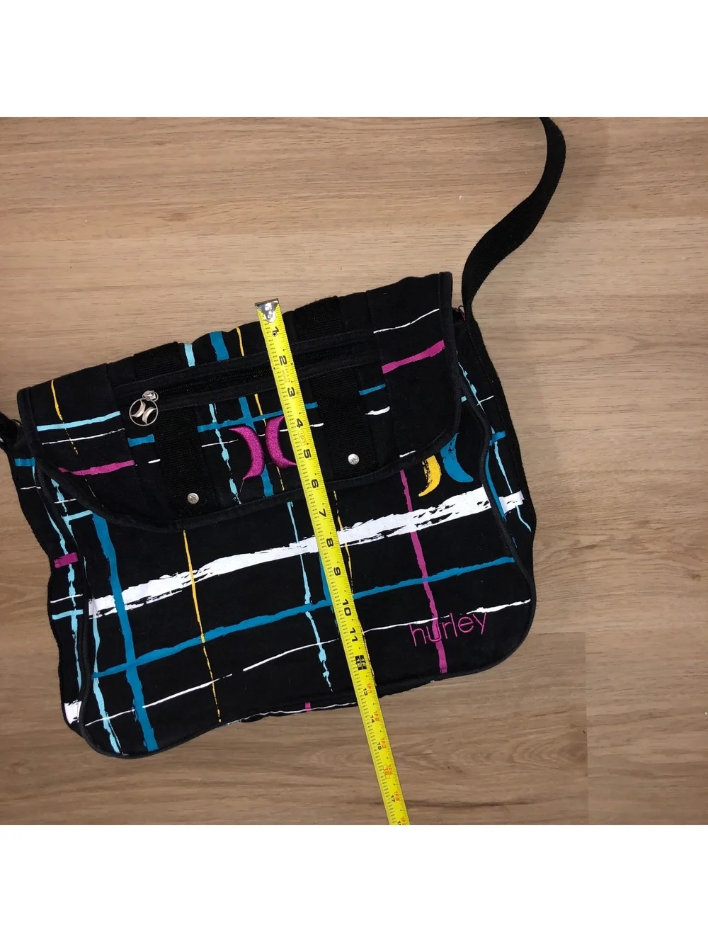 Vintage Hurley Wide Strap Shoulder Courier Messenger Tote Bag Y2K Black Rainbow